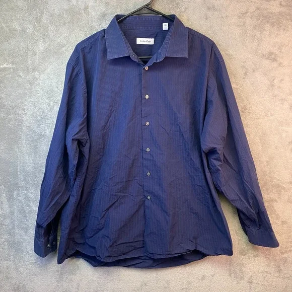 Calvin Klein Men's Dress Shirt 17 1/2 34/35 Navy Blue Striped Cotton