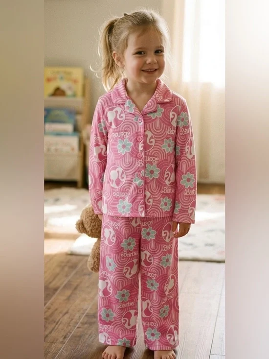 NWOT Barbie x Komar Kids Pink Groovy Flower Pajama Set Super Soft- XS 4/5