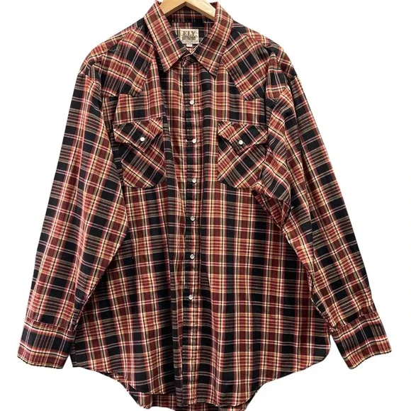Ely Cattleman Western‎ Shirt Men XXL Plaid Pearl Snap Long Sleeve Cowboy Rodeo
