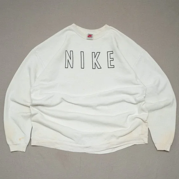 Vintage 90s USA Made Nike Spellout Crewneck Sweatshirt White Distressed XXL‎