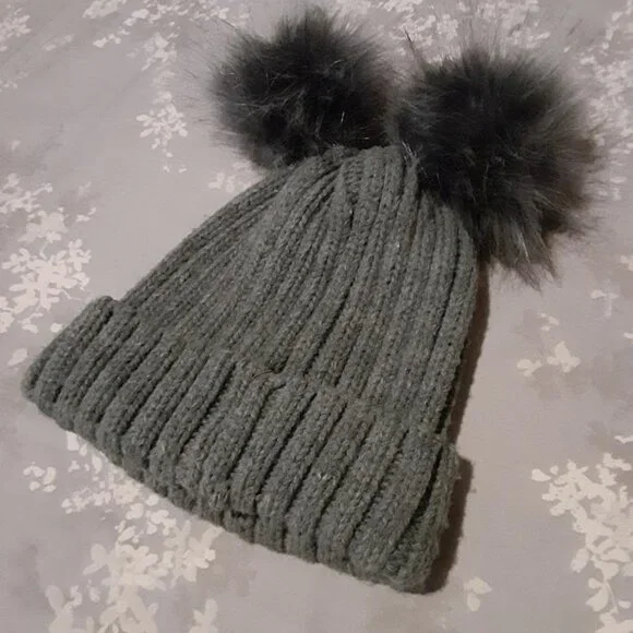 Ribbed Knit Wool Blend Hat with Faux Fur Pom Poms