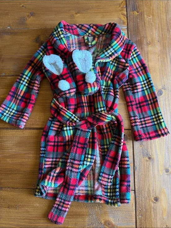 Red Plaid Kids' Fleece Robe with Hood and Pom Accents