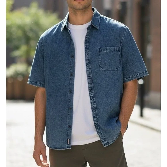Quiksilver Men's Short Sleeve Denim Blue Chambray Button-Up Shirt Modern Fit XXL