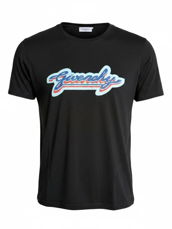Givenchy Black Crewneck T-Shirt with Blue and Red Script Logo