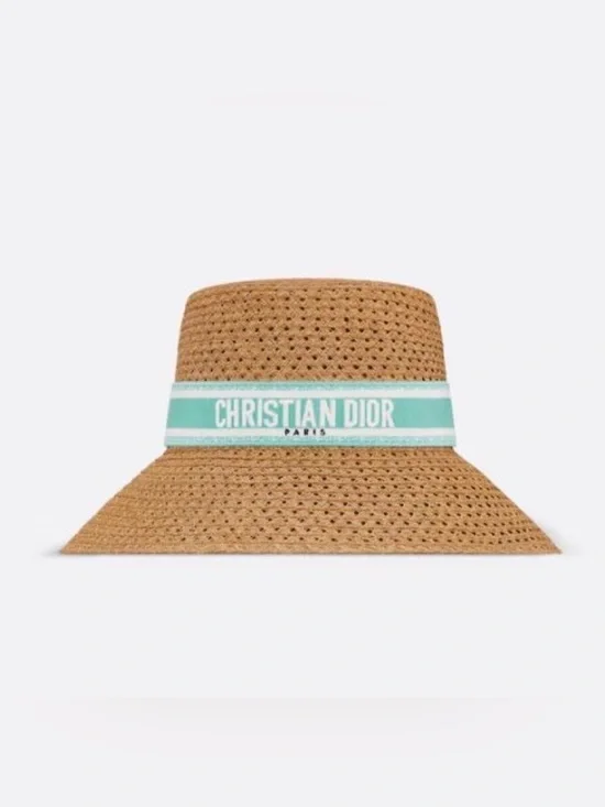 Dior Tan Straw Sun Hat with Mint Green Logo Band