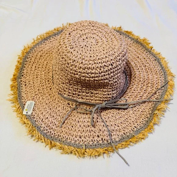 Sun Hat Tan‎ Pink Woven Paper Straw Wide Brim Fringed Edge Boho Beach Summer