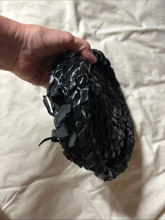 Vintage Black Woven Straw Cloche Hat