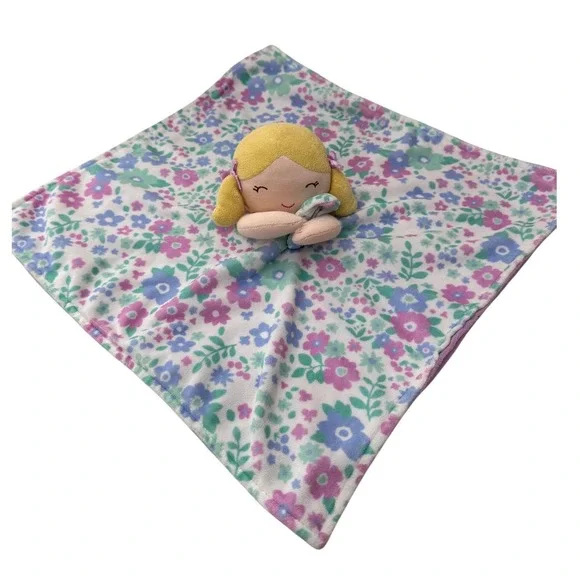 Carters Plush Lovey Blonde Doll Security Blanket Floral Purple Pink Kids 14in‎