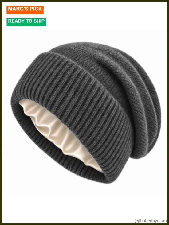 Satin Lined Beanie for Women Cashmere Wool Blend Slouchy Knit Hat Hair
