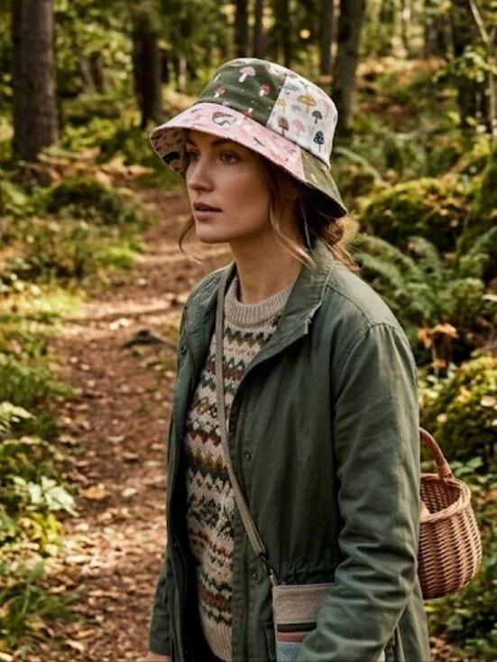 Mushrooms handmade bucket hat L 2 tone