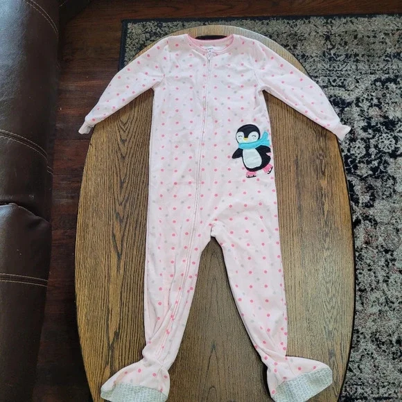 Carter's Pink Polka Dot Penguin Footed Fleece Zip-Up Pajamas Size Girls 4