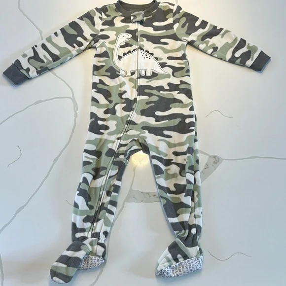 Carter’s footie pajamas white brown green camo dinosaur size 2T