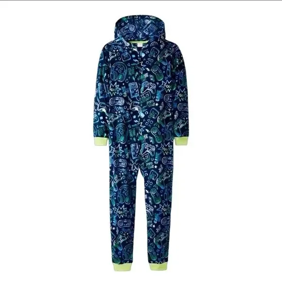 Cat & Jack Boys' Gamer 'Game On' One Piece Hooded Pajama Fleece Sleeper Med 8/10
