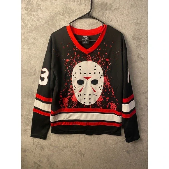 Friday The 13th Jason Voorhees Hockey Jersey Mens S/P Black Red Horror Graphic