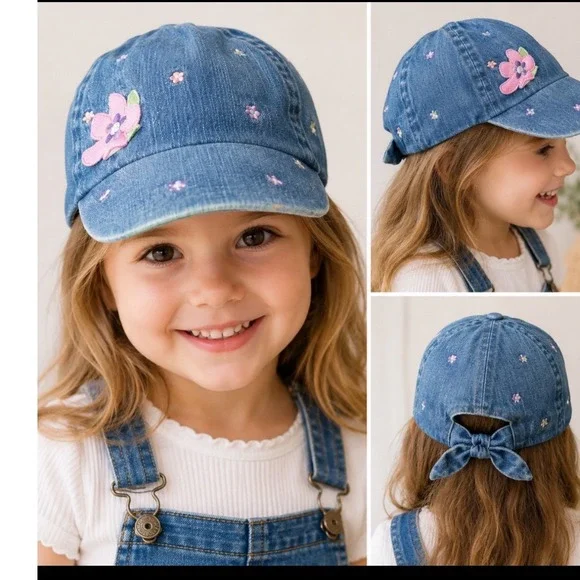Carters Kids Denim Floral‎ Embroidered Baseball Cap Hat with Back Bow Blue 4-6X