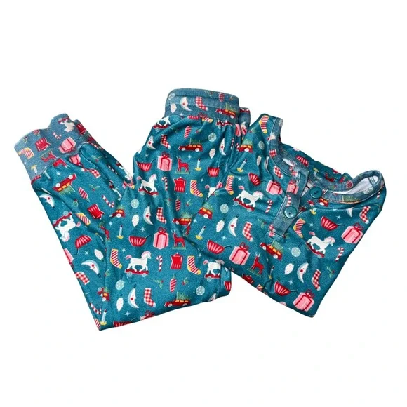 SweetHoney Pajama‎ Set Kids 4T Teal Excellent Christmas Henley Joggers