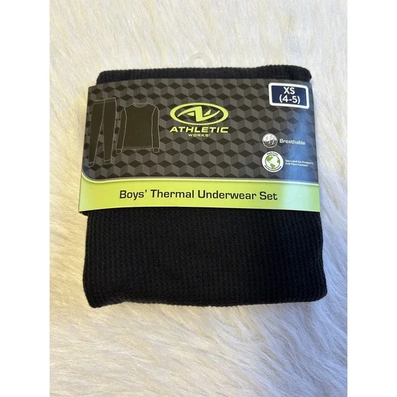 Athletic Works Thermal Underwear Set Boys‎ Size XS (4-5) Black Waffle Pajamas