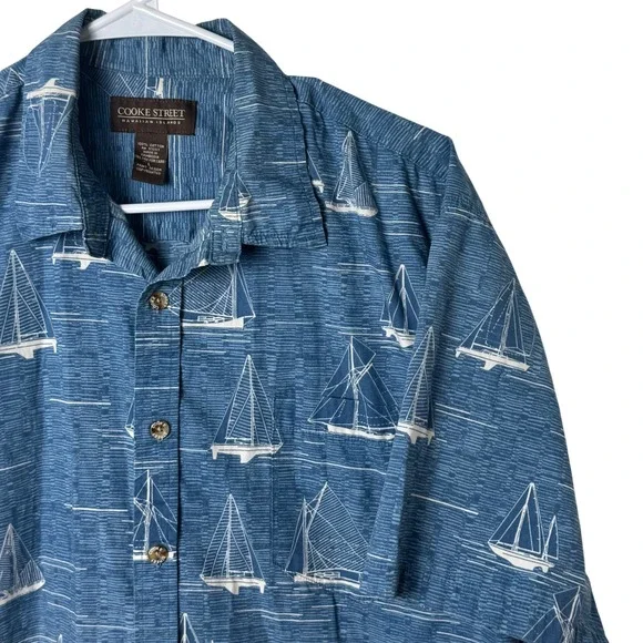 Cooke Street Button Down Shirt Mens L‎ Blue White Sailboat Nautical Print Cotton