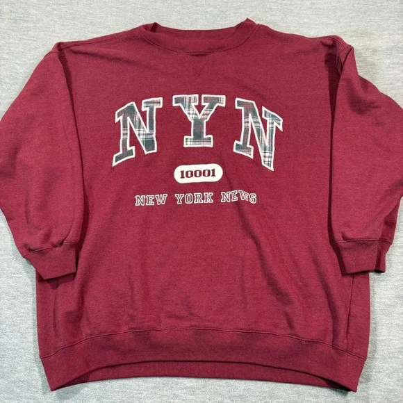 NY News Sweatshirt Men‎ Large Maroon New York News Embroider Crewneck VTG 90s