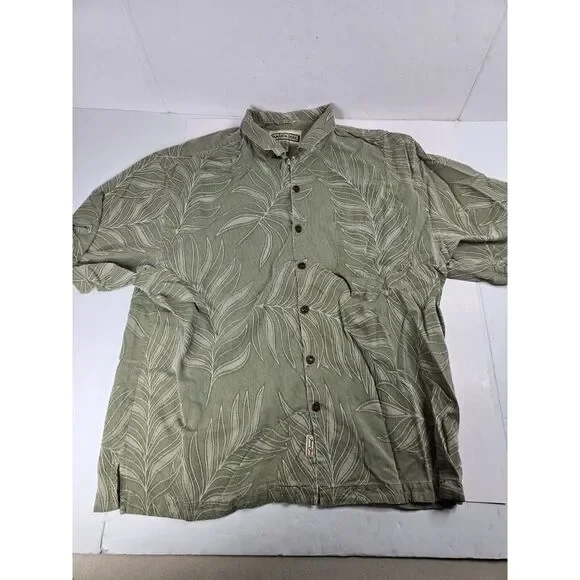 Jamaica Jaxx Shirt Mens XL Green Short Sleeve Button Up Hawaiian Leaf‎ Silk Vtg