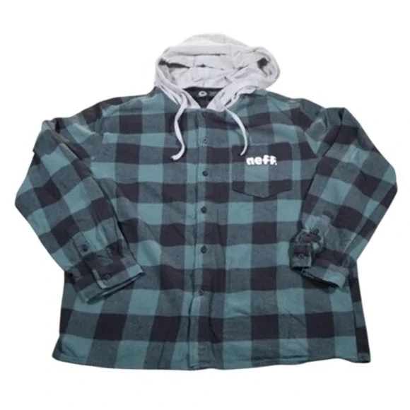 Neff Shirt Mens Medium Plaid Flannel Hooded‎ Button Up Skate Streetwear Green