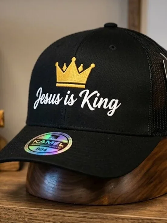 Retro Jesus is King Embroidered Trucker Hat Black Crown Snapback Cap New Faith