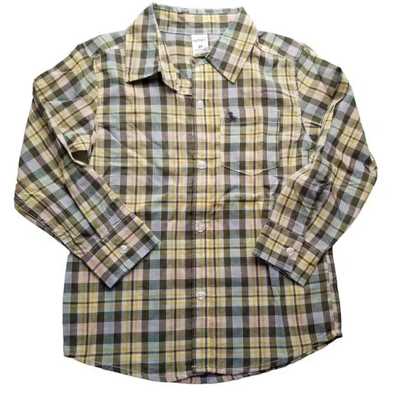Carter's 4T Button up Shirt Long Sleeve Yellow Green plaid Easter Spring‎ pastel