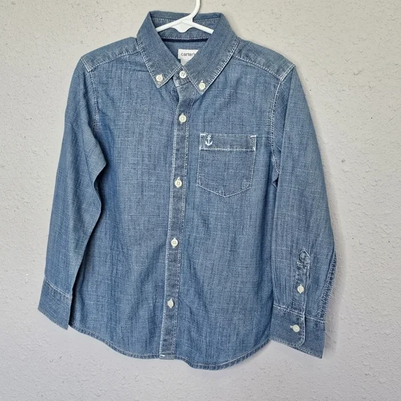 Carters Nautical Anchor Embroidered Blue Button Long Sleeve Shirt‎ Size 4T