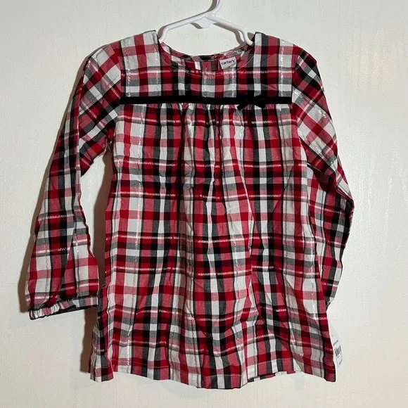 Carters Girls Plaid Long Sleeve Top Dress Metallic Black‎ Red White 4T