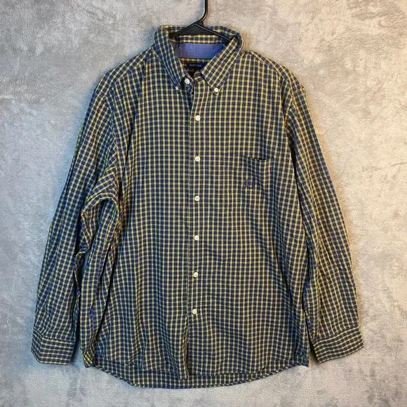 Chaps Mens Large Button Down Shirt Blue Yellow Plaid Long Sleeve Easy Care