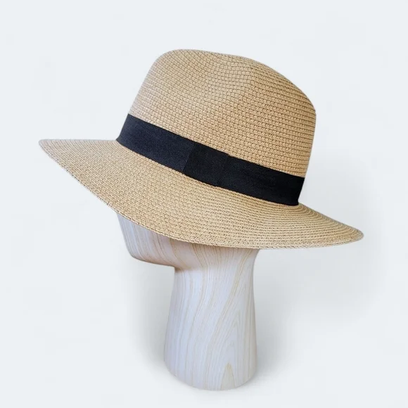 Summer Sun Hat Women's One Size Tan Fedora with Black Band Paper Straw Woven