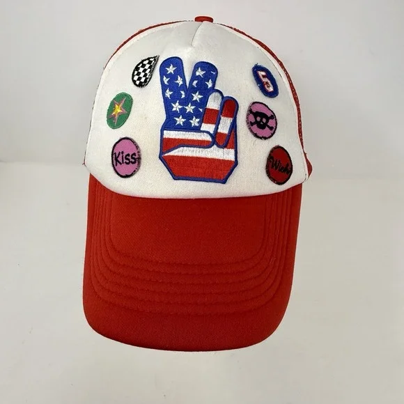 AMERICAN FLAG PEACE SIGN TRUCKER HAT WITH PATCHES SNAP BACK RED MESH BACK OSFM‎