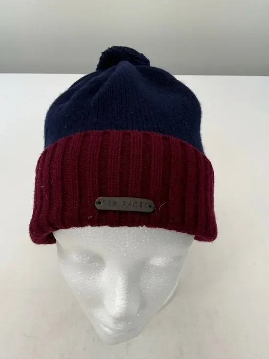 Ted Baker London Navy Burgundy Wool Pom Pom Beanie Hat 100% Wool