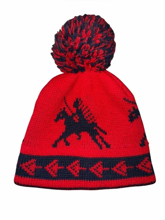 Vintage Wigwam Wool Knit Beanie Winter Ski Hat red blue Native American horse