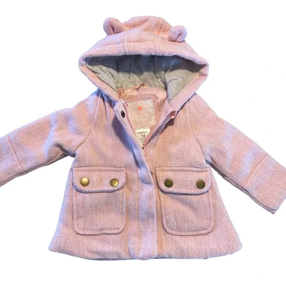 Baby Girls Carter's Pink Tweed Hooded Coat Jacket 12 Months Bear‎ Ears