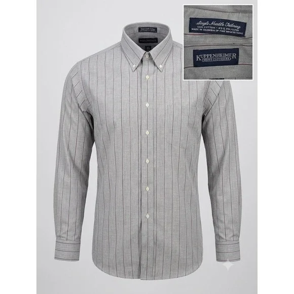 Kuppenheimer Mens Striped Button Down Shirt Grey Burgundy Long Sleeve 16.5 32/33
