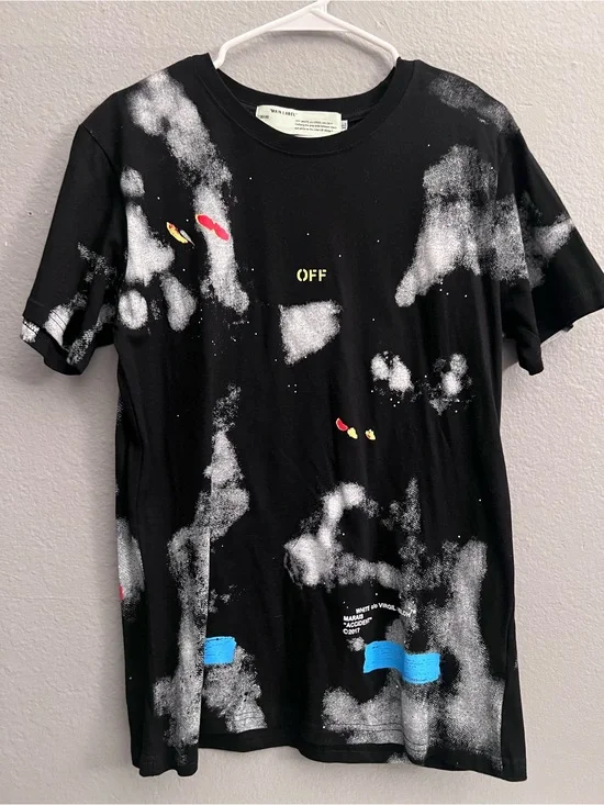 Off-White Black Bleach-Splatter Graphic Tee with Color Accents