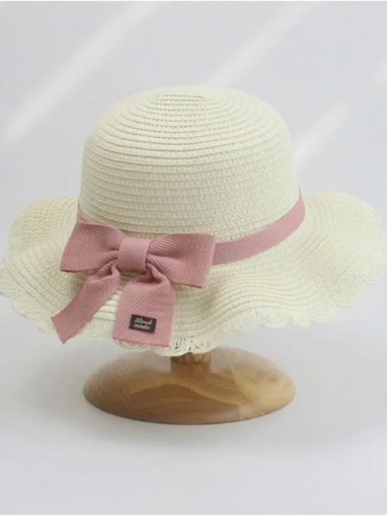 Cream Straw Sun Hat with Pink Ribbon Bow