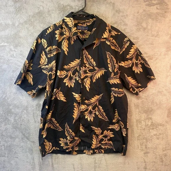 Reyn Spooner Aloha Hawaiian Shirt Black Gold Floral Size Not Tagged
