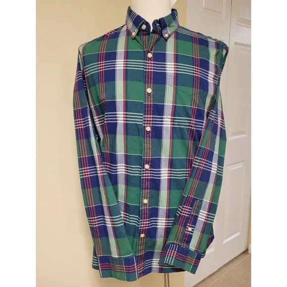 Gap Mens Standard Fit Stretch Plaid Long Sleeve Shirt Green Blue Red Size‎ L