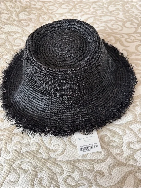 NWT WYETH Black Raffia Straw Sun Hat with Frayed Brim packable