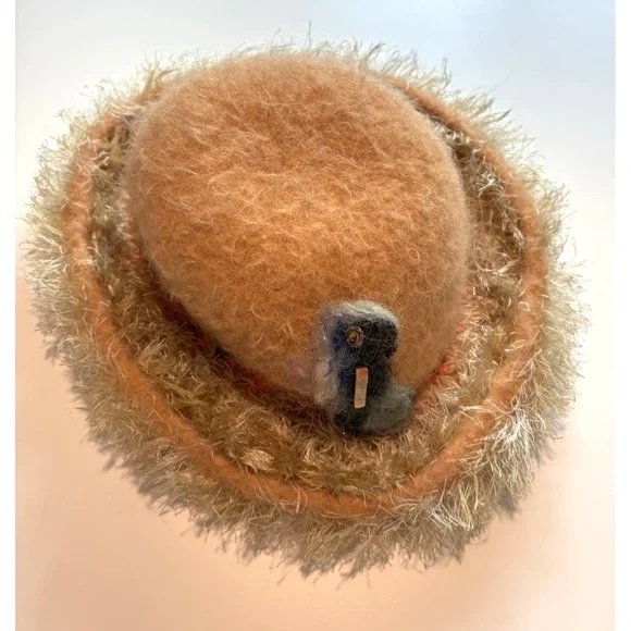 Whimsical Felted Wool Art Hat Fuzzy Cloche Embellished Brim‎ & Sculptural Detail
