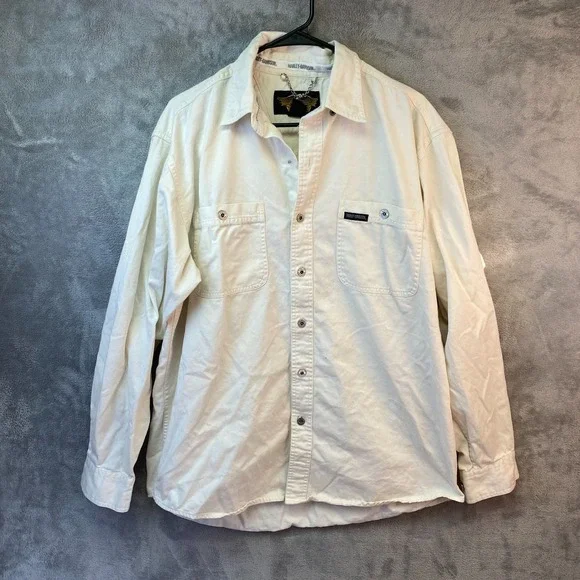 Harley-Davidson Button Front Shirt L White Eagle Back Embroidered