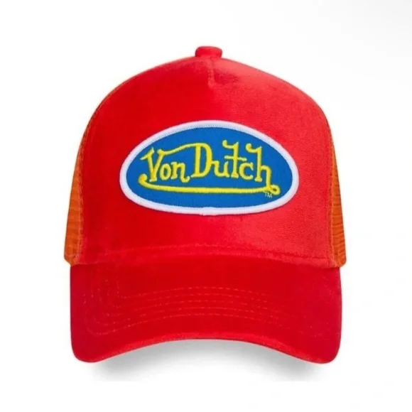 Von Dutch Hollywood Patch Orange VELVET Trucker Hat| Adjustable/Snapback|NEW/NWT