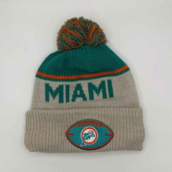 New Era Miami Dolphins NFL Knit Pom Beanie Hat Grey Teal Orange‎ Fleece Lined OS