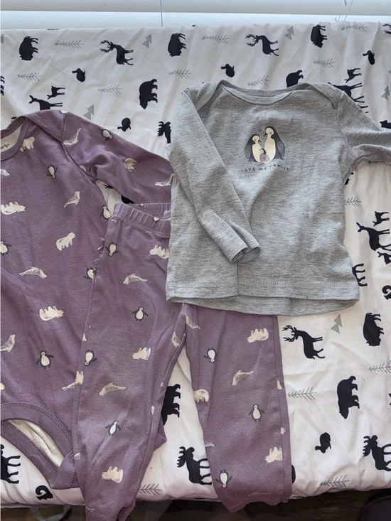 Purple Penguin Print Baby Pajama Set with Grey Penguin Top