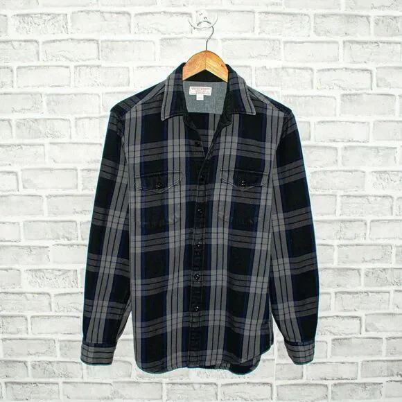 Wallace & Barnes Flannel Shirt Gray Blue Plaid Button up SMALL