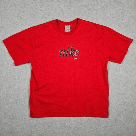Nike (Mens XL) Red T-Shirt Script Logo Center Swoosh Cotton Short Sleeve Tee VTG