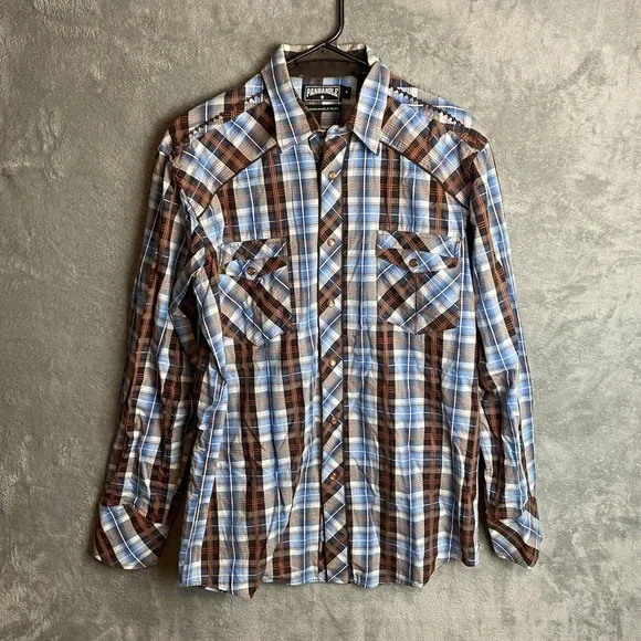 Panhandle Slim Men's M Plaid Western Shirt Blue Brown Embroidered
