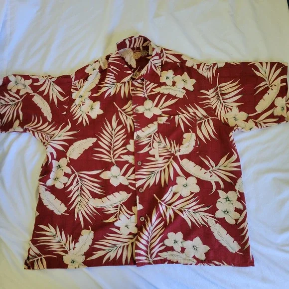 Caribbean XL Silk Hawaiian‎ Shirt Red Floral Button Up